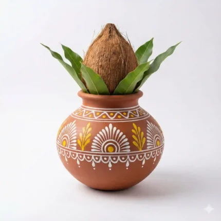 Dev Poojan Handcrafted Mitti Kalash with Nariyal & Mango Leaves | Traditional Painted Pooja Kalash | Puja Ghar, Mandir, Festivals