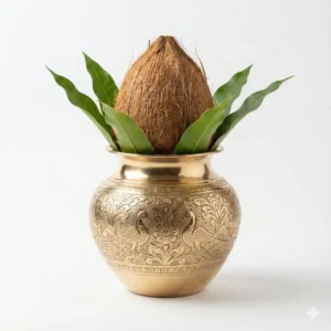 This Purna Kalash includes a brass kalash, fresh coconut, and mango leaves — symbolizing prosperity, purity, and divine blessings. Ideal for pooja, griha pravesh, temple rituals, weddings, and all auspicious ceremonies.