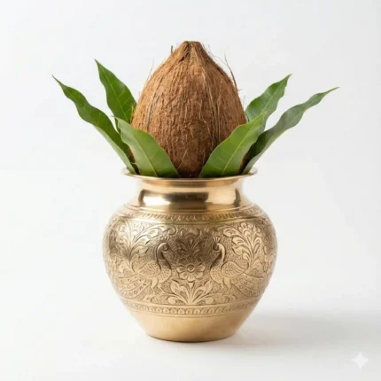 This Purna Kalash includes a brass kalash, fresh coconut, and mango leaves — symbolizing prosperity, purity, and divine blessings. Ideal for pooja, griha pravesh, temple rituals, weddings, and all auspicious ceremonies.