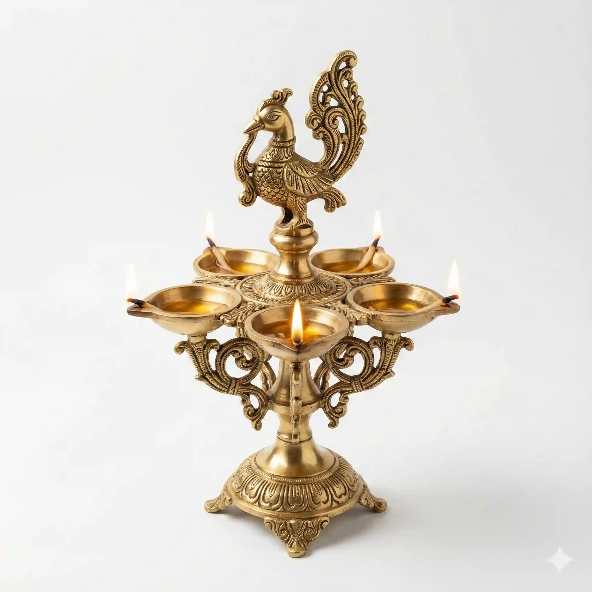 Brass Peacock Oil Lamp (5-Wick Deepam) for Pooja, Aarti & Temple Décor – Premium Handcrafted Traditional Diya Brass Peacock Oil Lamp (5-Wick Deepam) for Pooja, Aarti & Temple Décor – Premium Handcrafted Traditional Diya